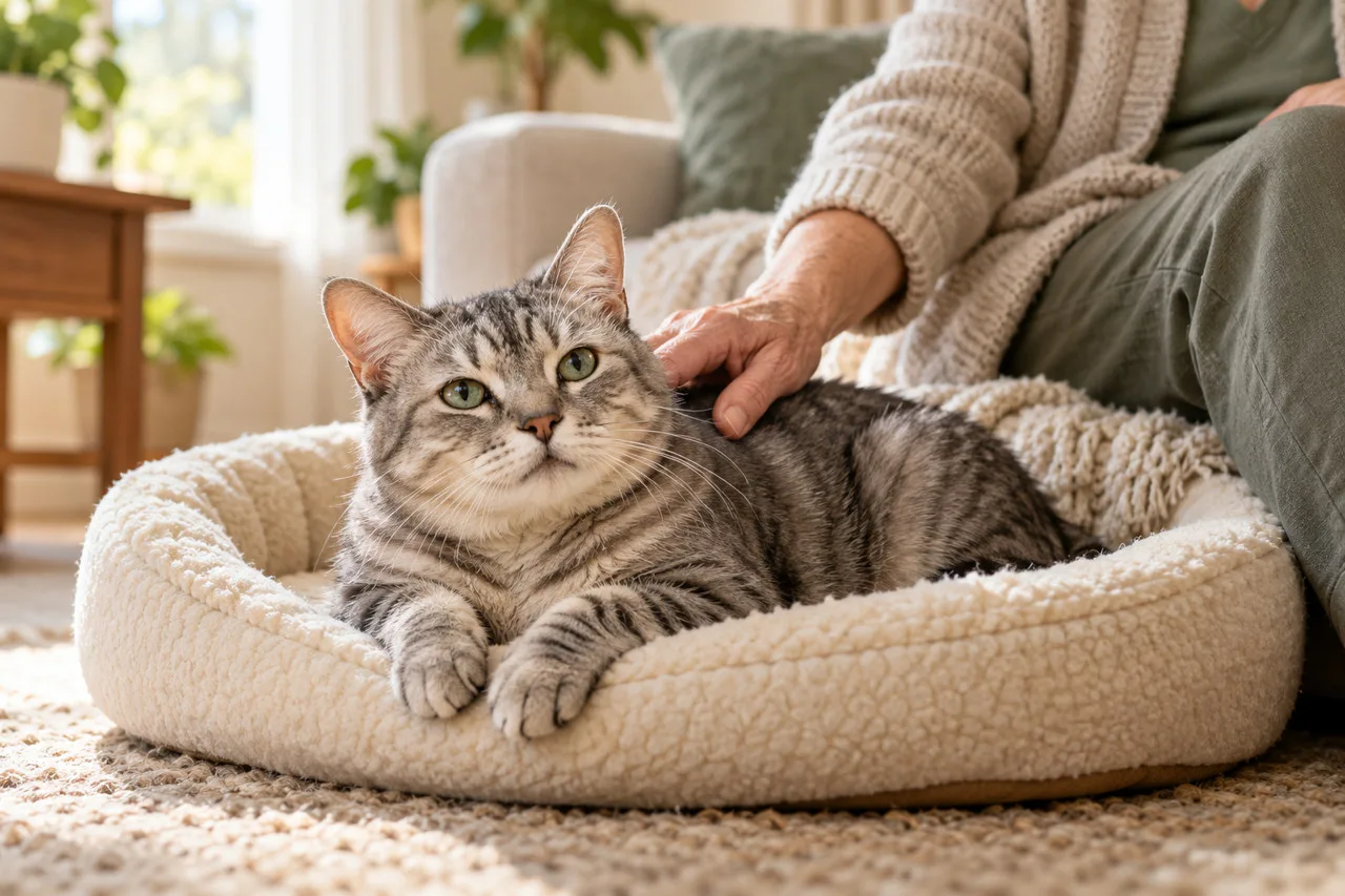 Silver tabby cat resting beside its owner in a low bed